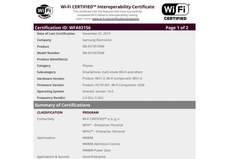 Galaxy A51 recebe certificação Wi-Fi e aparece em renderizações Captura de tela da certificação Wi-Fi do Samsung Galaxy A51.