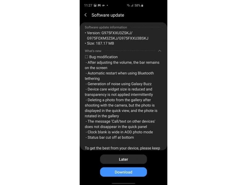 Linha Galaxy S10 recebe quinta versão beta da One UI 2 Captura de tela da nova atualização da One UI 2 para o Galaxy S10.