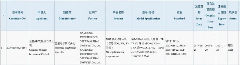 Galaxy S11 recebe certificação 3C e tem novos detalhes revelados Captura de tela da certificação 3C do Galaxy S11.
