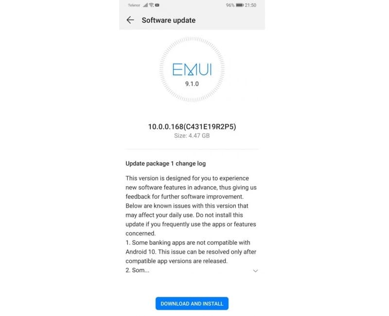 Huawei P30: EMUI 10 estável com Android 10 chega a novos mercados Captura de tela do Huawei P30 com a versão estável da EMUI 10.
