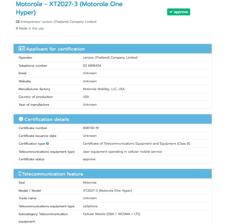 Motorola One Hyper é certificado pela NBTC na Tailândia Captura de tela da homologação do Motorola One Hyper na NBTC na Tailândia.
