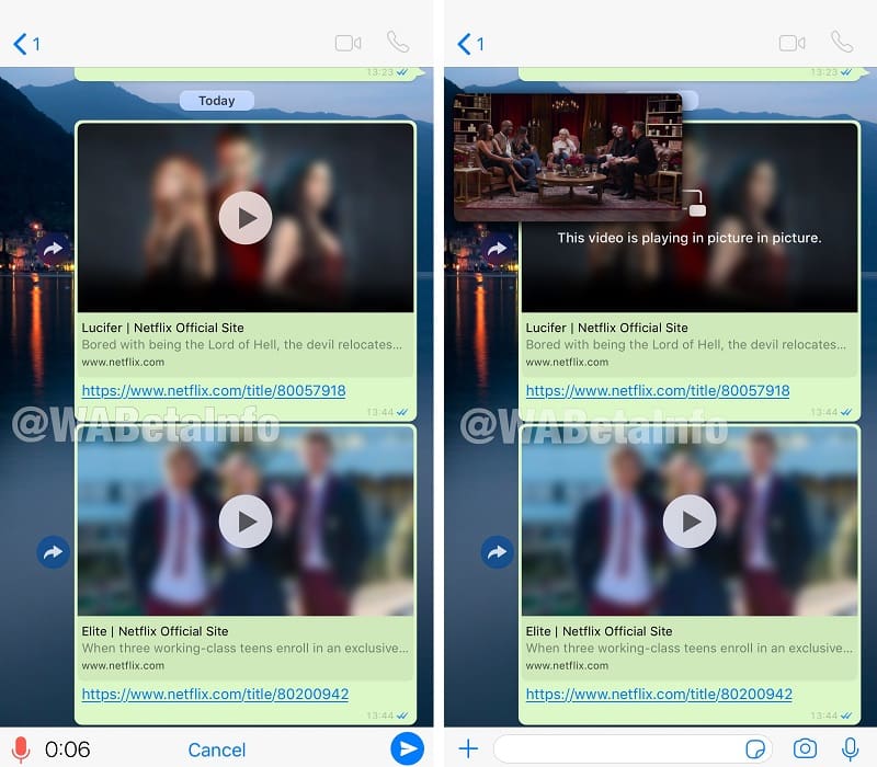 Captura de tela do novo recurso de reprodução de trailers da Netflix em conversas do WhatsApp.