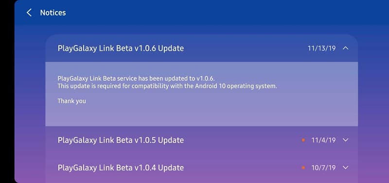 PlayGalaxy Link ganha suporte ao Android 10 em nova atualização Captura de tela da atualização mais recente disponibilizada pela Samsung ao PlayGalaxy Link.