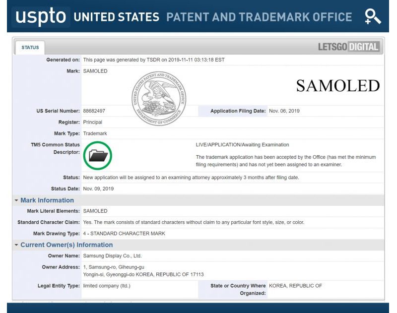Registro da marca SAMOLED nos EUA.
