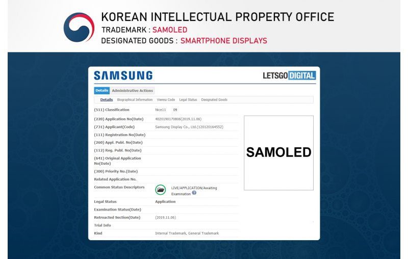 Samsung Galaxy S11 pode contar com tecnologia SAMOLED, a imagem mostra o registro da marca na Coreia do Sul.
