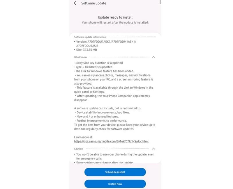 Galaxy A70s recebe atualização com melhorias e novos recursos Captura de tela do update liberado pela Samsung ao Galaxy A70s.