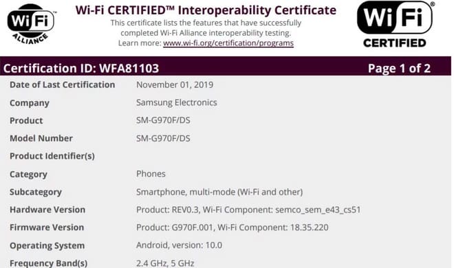 Samsung Galaxy S10 recebe certificação com o Android 10 samsung s10 wifi alliance modelo 2