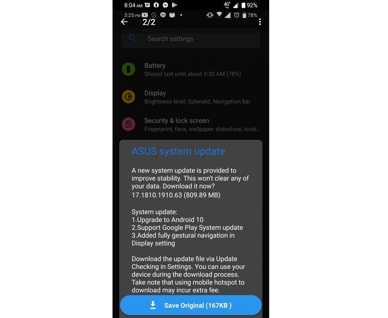 ASUS Zenfone 6 começa a ser atualizado para o Android 10 Captura de tela do update para o Android 10 no ASUS Zenfone 6.
