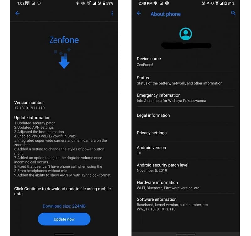 ASUS Zenfone 6 é atualizado com pacote de segurança de novembro Captura de tela da atualização de novembro do ASUS Zenfone 6.