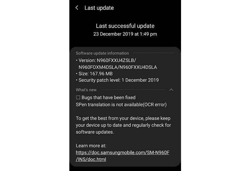 Galaxy Note 9 é atualizado com a quarta versão beta do Android 10 Captura de tela da quarta atualização beta do Android 10 para o Galaxy Note 9.