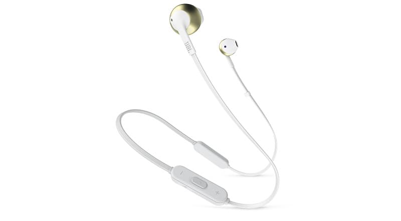 Os 10 melhores fones de ouvido Bluetooth com bateria para o dia todo JBL Tune 205BT branco e dourado.