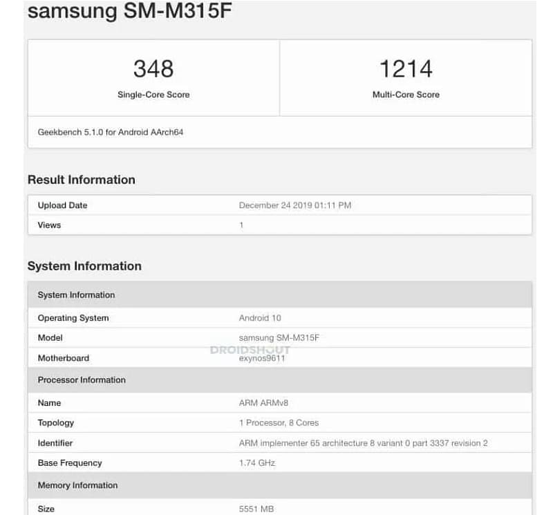 Galaxy M31 tem especificações técnicas reveladas em vazamento Captura de tela do benchmark do Samsung Galaxy M31.