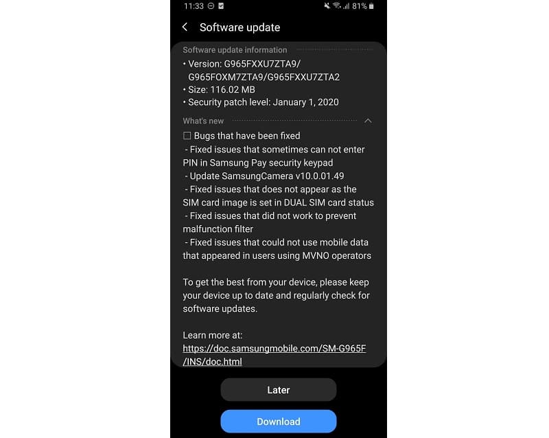 Galaxy S9 e S9 Plus recebem sexta versão beta do Android 10 Captura de tela atualização beta do Android 10 para o Galaxy S9 e S9 Plus.
