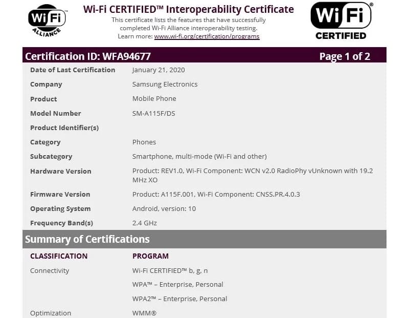 Galaxy A11 e M11 recebem certificação do Wi-Fi Alliance com Android 10 Captura de tela da certificação do Samsung Galaxy A11 no Wi-Fi Alliance.