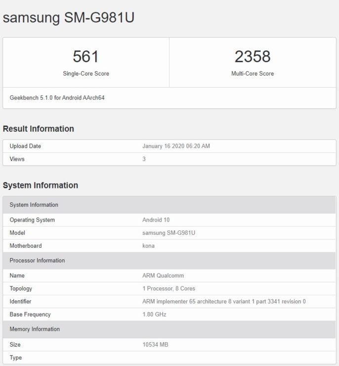 galaxy s20 sm g981u geekbench