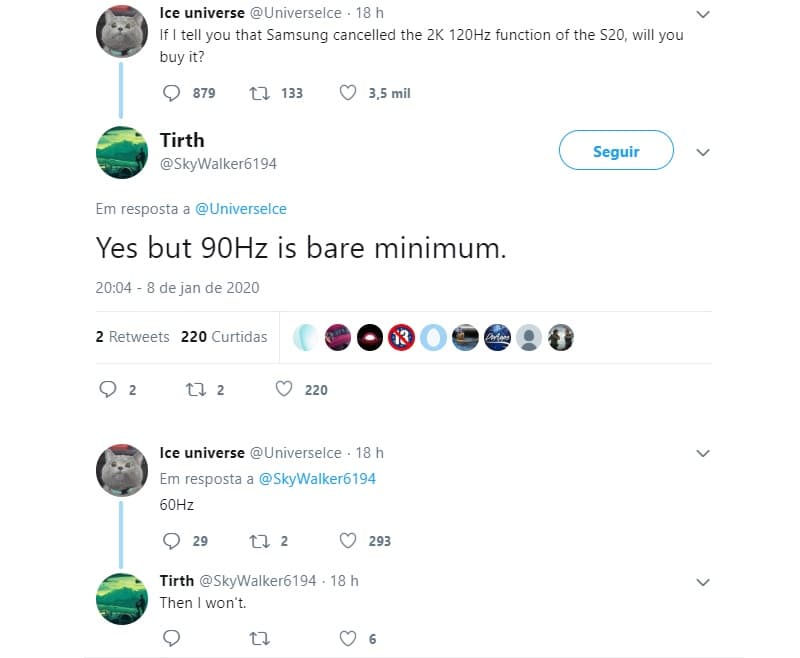 Captura de tela de informações sobre o Galaxy S20 liberado pelo leaker Ice Universe no Twitter.