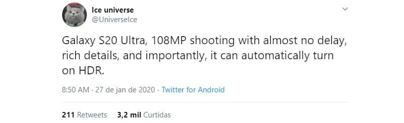 Galaxy S20 Ultra: Câmera de 108 MP terá processamento rápido Captura de tela do tweet sobre a câmera do Galaxy S20 Ultra.