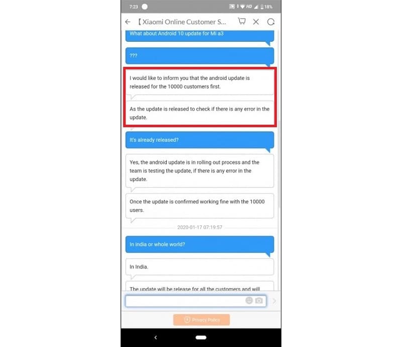Xiaomi Mi A3 atualização beta Android 10 na Índia.