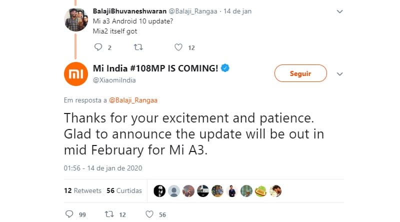 Xiaomi Mi A3 receberá atualização para o Android 10 apenas em fevereiro Captura de tela da postagem da Xiaomi sobre o Android 10 no Mi A3.