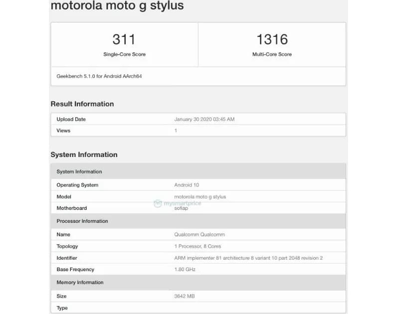 Moto G Stylus tem design e especificações revelados em vazamento Captura de tela do benchmark do Moto G Stylus.