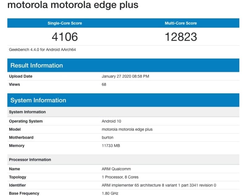 Motorola Edge Plus pode chegar com Snapdragon 865 e 12 GB de RAM Captura de tela resultado de benchmark do Motorola Edge Plus.