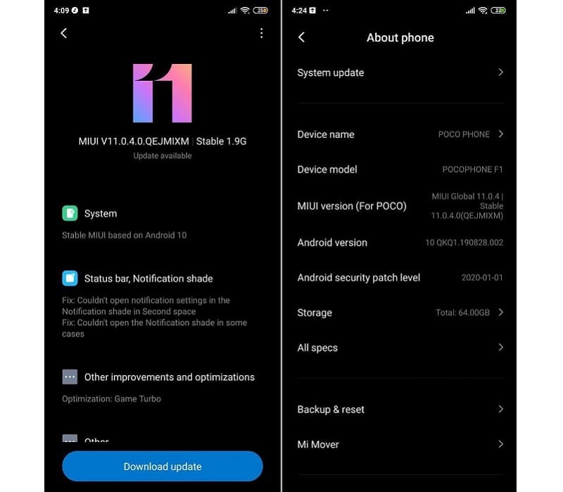 Pocophone F1 recebe atualização para o Android 10 Captura de tela atualização beta do Android 10 para o Pocophone F1.