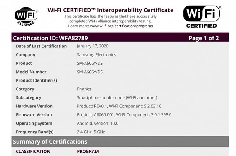 Galaxy A60 e M40 devem receber o Android 10 antes do previsto Captura de tela do Galaxy A60 no Wi-Fi Alliance.