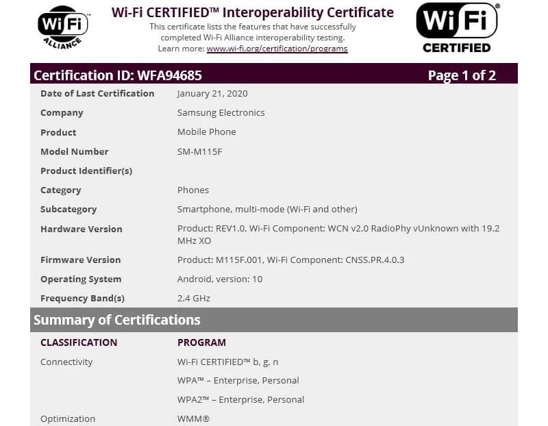 Galaxy A11 e M11 recebem certificação do Wi-Fi Alliance com Android 10 Certificação Wi-Fi Alliance do Galaxy M11.