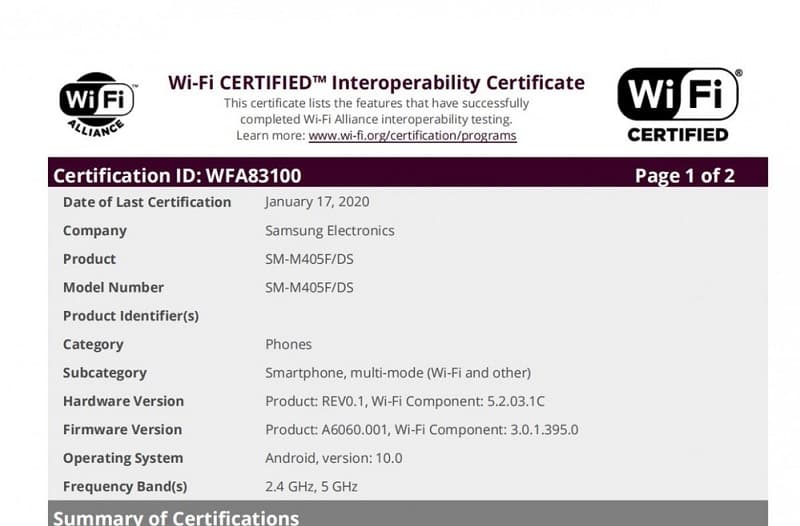 Galaxy A60 e M40 devem receber o Android 10 antes do previsto Captura de tela do Samsung Galaxy M40 no Wi-Fi Alliance, com Android 10.