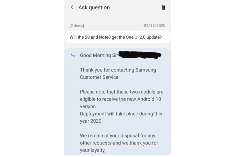 Galaxy S8 e Note 8 ainda podem ser atualizados com o Android 10 Captura de tela da conversa em que o representante da Samsung alega que o Galaxy S8 e o Note 8 receberão Android 10, em inglês.