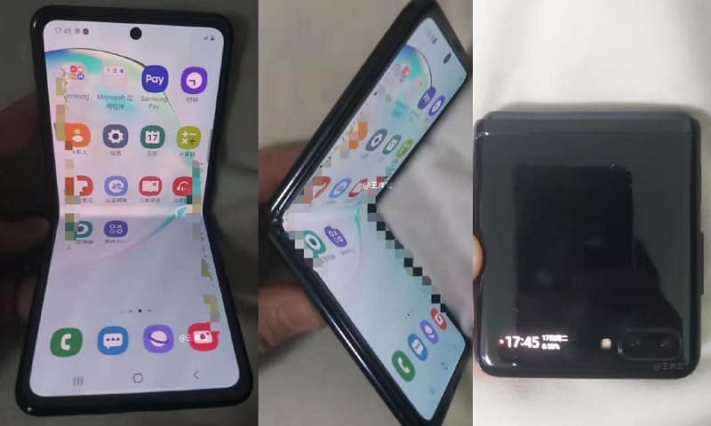 Galaxy Z Flip deve chegar com tela Dynamic AMOLED e One UI 2.1 Supostas imagens do Samsung Galaxy Z Flip semi aberto, de perfil e fechado.