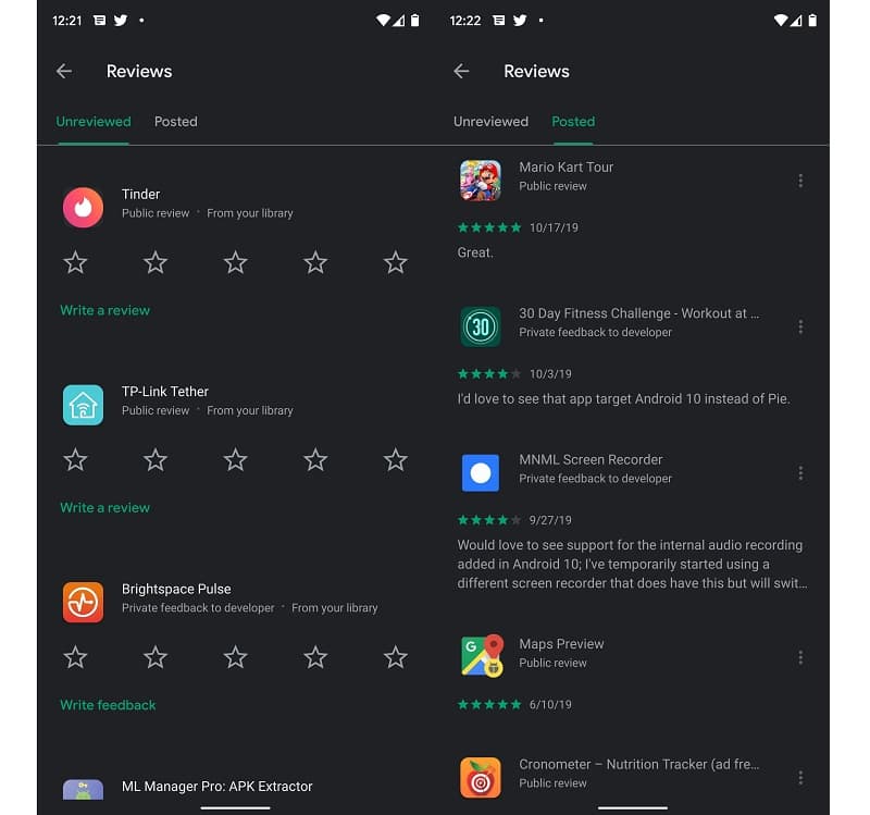 Play Store lança ferramentas para simplificar análises de apps e jogos Captura de tela do novo recurso "Avaliações" liberado pelo Google para a Play Store.