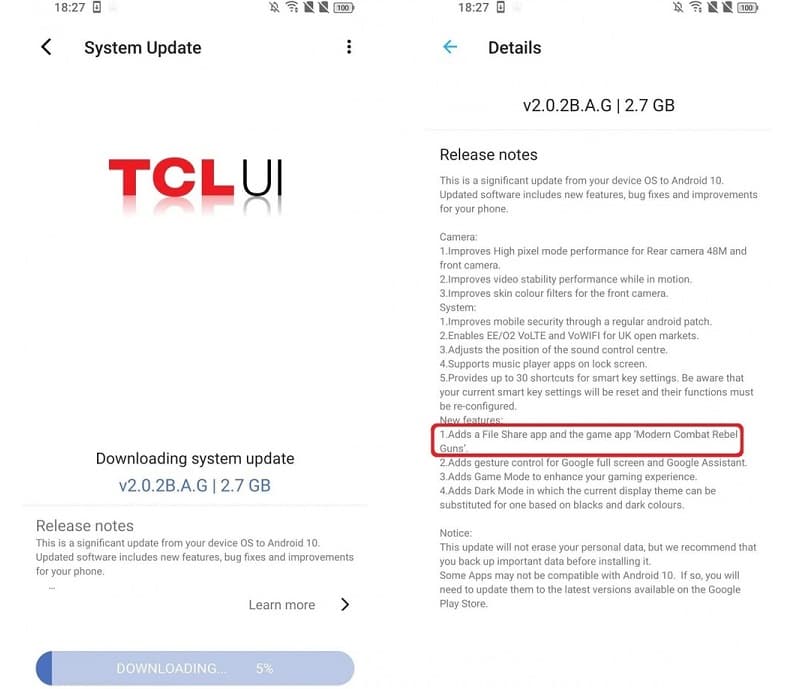 TCL Plex começa a receber atualização para o Android 10 Captura de tela da atualização para o Android 10 no TCL Plex.