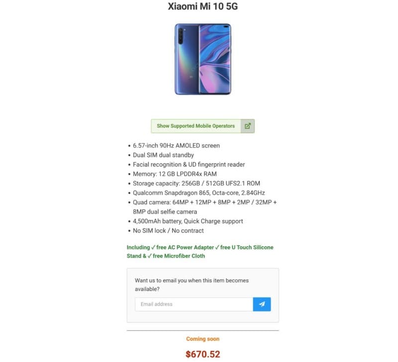 Captura de tela das supostas especificações e preço do Xiaomi Mi 10.