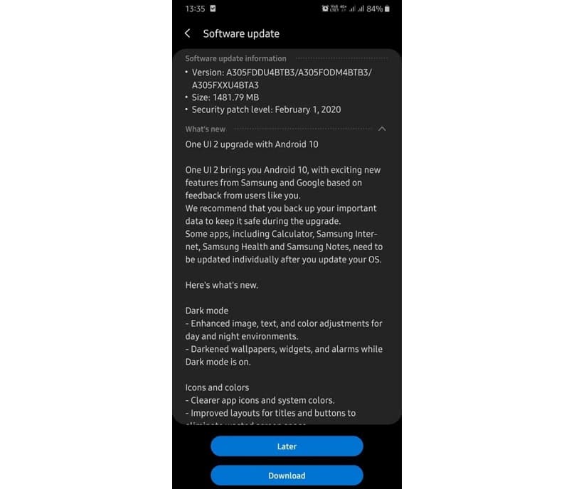 Galaxy A30 começa a ser atualizado para o Android 10 Captura de tela da atualização do Android 10 para o Galaxy A30.