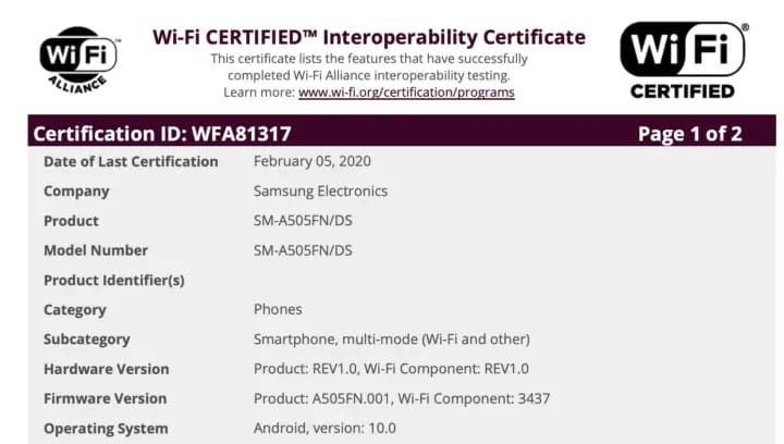 Galaxy A50: Atualização para o Android 10 é homologada galaxy a50 android 10 certificacao wifi alliance