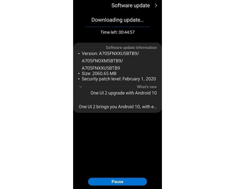 Galaxy A70 recebe atualização para o Android 10 com One UI 2 Captura de tela da atualização do Android 10 ao Galaxy A70.