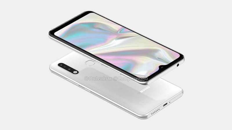 Galaxy A70e aparece em imagens com design simples e câmera tripla Samsung Galaxy A70e render lateral.