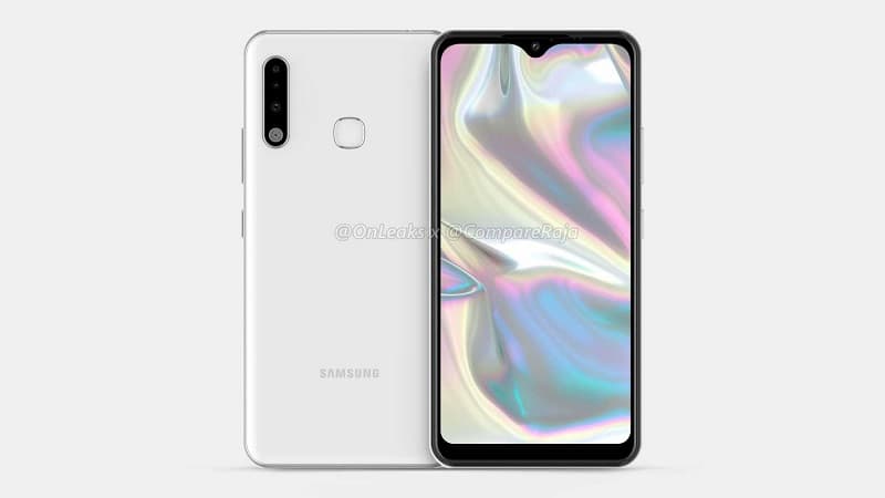 Galaxy A70e aparece em imagens com design simples e câmera tripla Galaxy A70e renderização frontal e traseira.