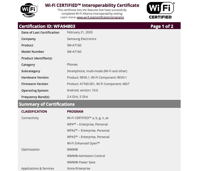 Galaxy A71 5G passa por certificação no Wi-Fi Alliance Captura de tela da certificação do Galaxy A71 5G.