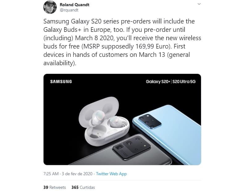 Galaxy Buds+: Vazamento confirma brinde da pré-venda do Galaxy S20+ Vazamento sobre a disponibilidade do Galaxy Buds+ na pré-venda do Galaxy S20 Plus e Ultra.