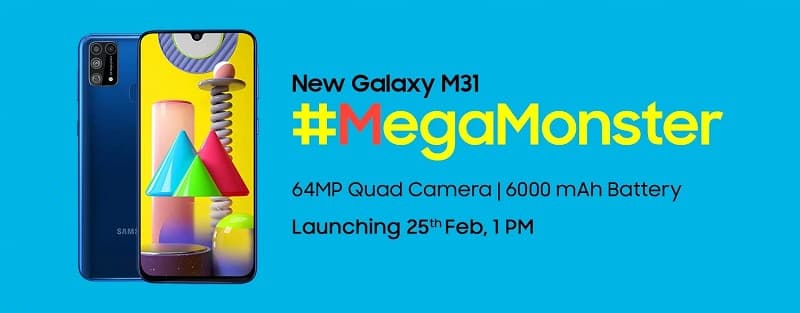 Galaxy M31 será lançado em 25 de fevereiro com bateria de 6.000 mAh Teaser de divulgação do lançamento do Galaxy M31.