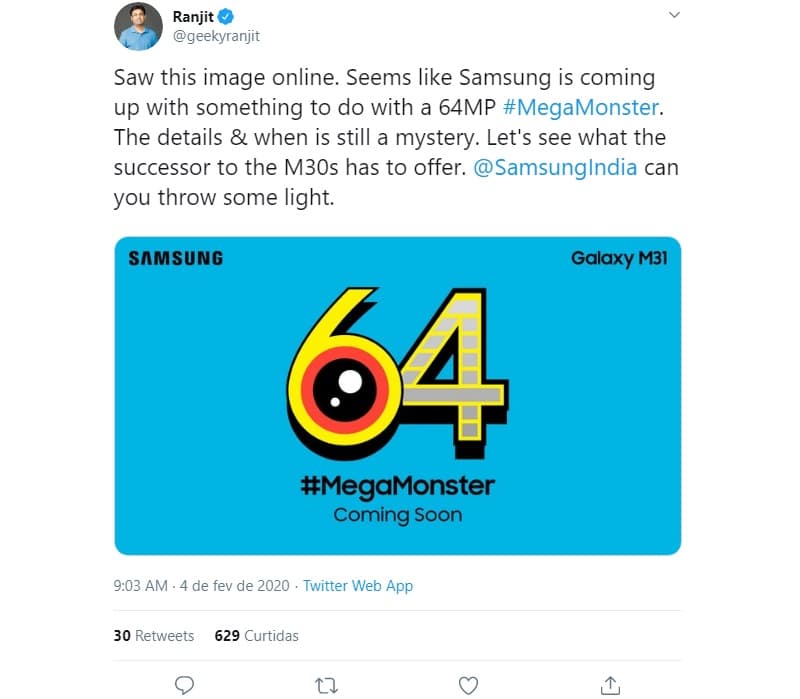 Galaxy M31 aparece em teaser com câmera de 64 MP Publicação onde foi exibido o suposto teaser do Galaxy M31.