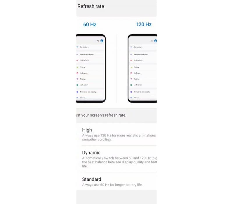 Galaxy S20: Restrição do modo de 120 Hz pode chegar ao fim em breve Captura de tela, taxa de atualização Galaxy S20.
