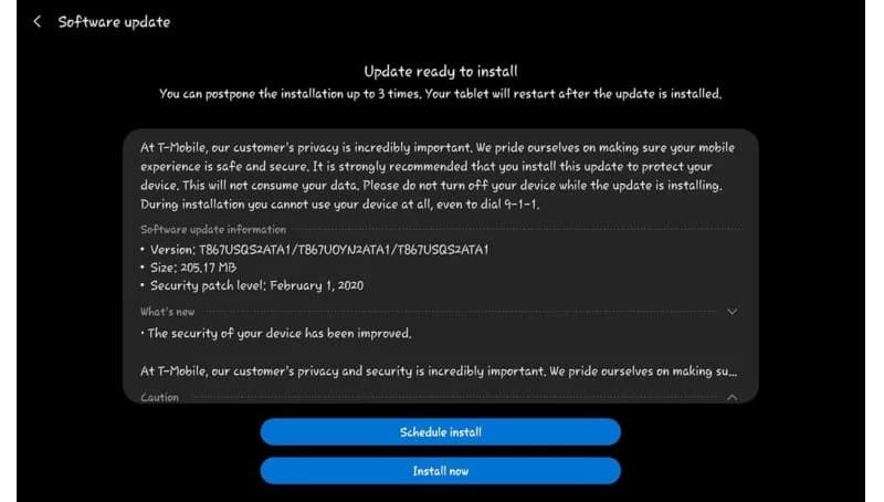 Galaxy S8 Active e Tab S6 recebem atualização de segurança de fevereiro Captura de tela atualização Galaxy Tab S6.