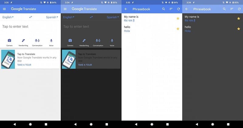 Google Tradutor 6.5 inicia testes do Modo Escuro no Android 10 Capturas de tela do Modo Escuro no Google Tradutor.