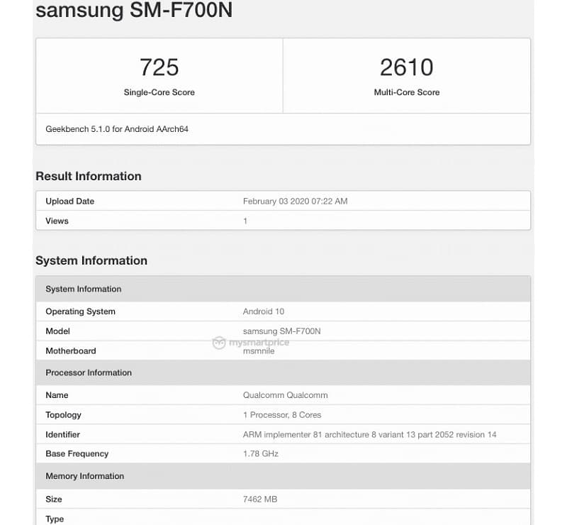 Galaxy Z Flip passa por teste de benchmark e pontuação não impressiona Captura de tela do teste de benchmark do Galaxy Z Flip.