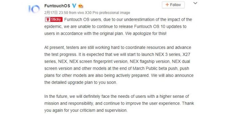 Vivo adia atualizações do Funtouch OS devido à epidemia de Coronavírus Captura de tela do comunicado oficial feito pela Vivo no Weibo.