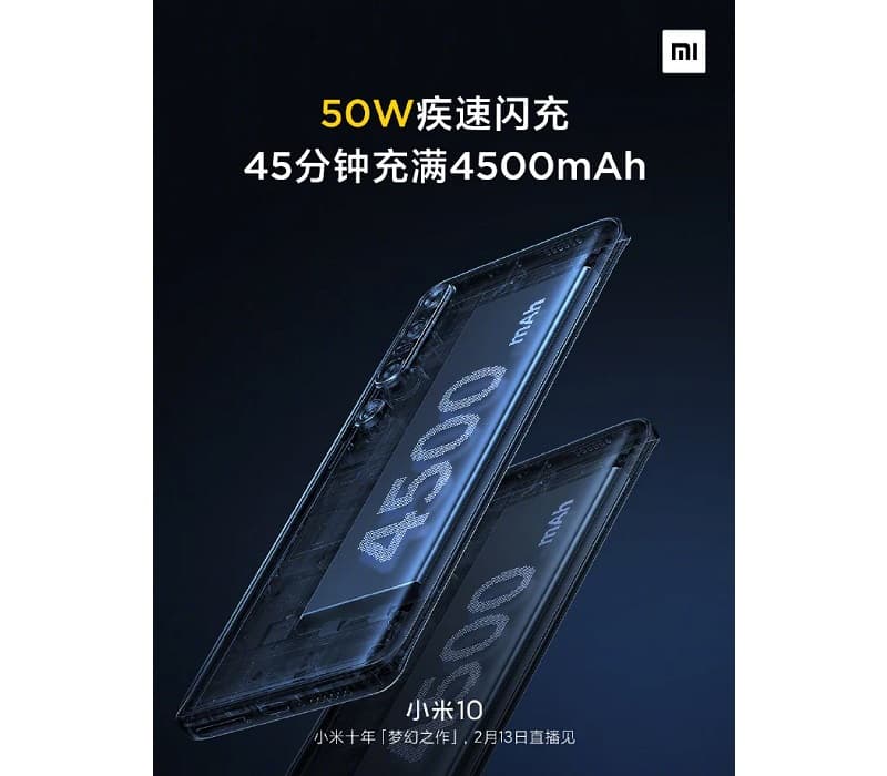 Xiaomi Mi 10 chegará com bateria de 4.500 mAh e carregamento de 50W Xiaomi Mi 10 teaser da bateria.