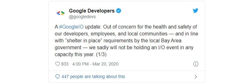 Google I/O 2020 é totalmente cancelada devido ao Coronavírus Pronunciamento a respeito do Google I/O 2020.